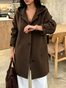 Easura Plus Size Women's Autumn/Winter Hooded Cuff Sleeve Strap Casual Daily Commute Overcoat - Coffee Brown - View 8