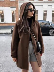 Easura Plus Size Women's Autumn/Winter Hooded Cuff Sleeve Strap Casual Daily Commute Overcoat - Coffee Brown - View 1