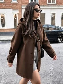 Easura Plus Size Women's Autumn/Winter Hooded Cuff Sleeve Strap Casual Daily Commute Overcoat - Coffee Brown - View 3