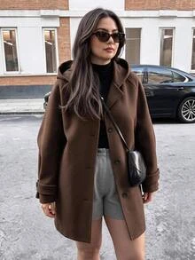 Easura Plus Size Women's Autumn/Winter Hooded Cuff Sleeve Strap Casual Daily Commute Overcoat - Coffee Brown - View 4