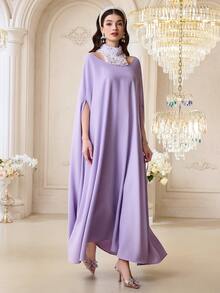 Al Najma Women's Elegant Contrast Mesh Applique Dress, Autumn - Lilac Purple - View 5