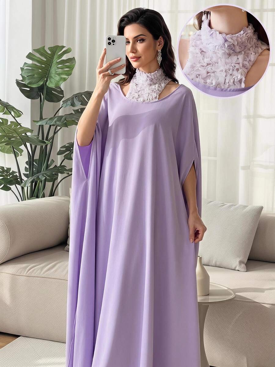 Al Najma Women's Elegant Contrast Mesh Applique Dress, Autumn