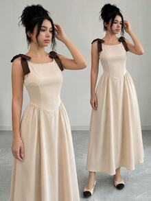 Teen Girls Ruched White, Summer, Elegant, Sequin, Wedding Mini Dress For Teen Girls, Squishy Woven Trench Fabric, Graduation, Outfits - Apricot - View 1