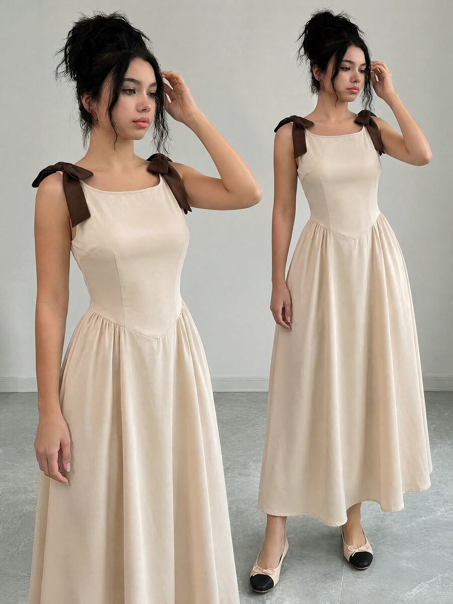 Teen Girls Ruched White, Summer, Elegant, Sequin, Wedding Mini Dress For Teen Girls, Squishy Woven Trench Fabric, Graduation, Outfits - Apricot - View 1