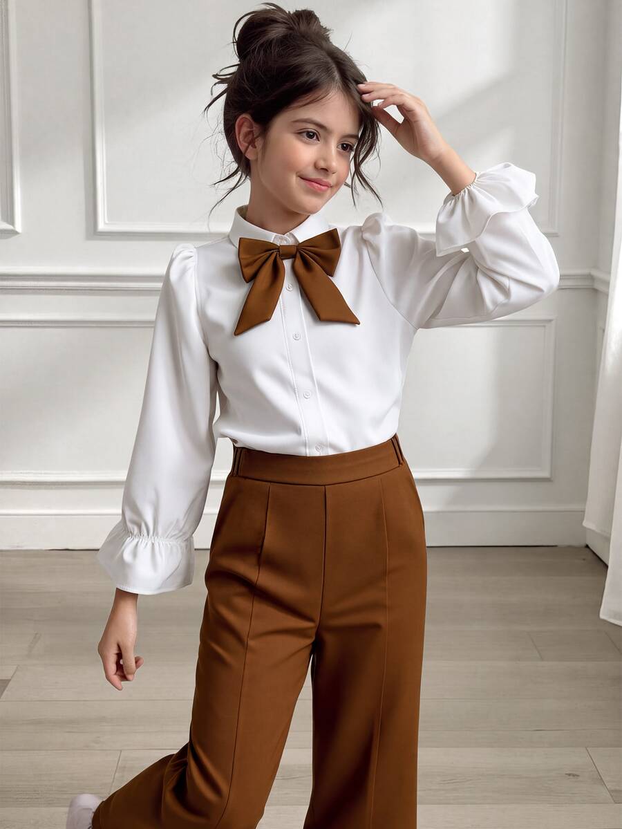 SHEIN Tween Girls Fall Outfits 2pcs/Set Colorblock Bow Decor Long Sleeve Top And Pants Spring/Autumn Cute Preppy Western Family Birthday School White Brown