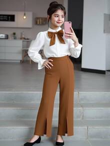 SHEIN Tween Girls Fall Outfits 2pcs/Set Colorblock Bow Decor Long Sleeve Top And Pants Spring/Autumn Cute Preppy Western Family Birthday School White Brown - Camel - View 3