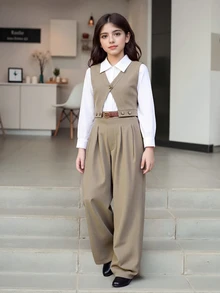 SHEIN Tween Girl Fall Outfits Fashion Western Cute Commuter 2 In 1 Long Sleeve Shirt Wide Leg Pants Set Matching Family White Camel School - Khaki - View 2