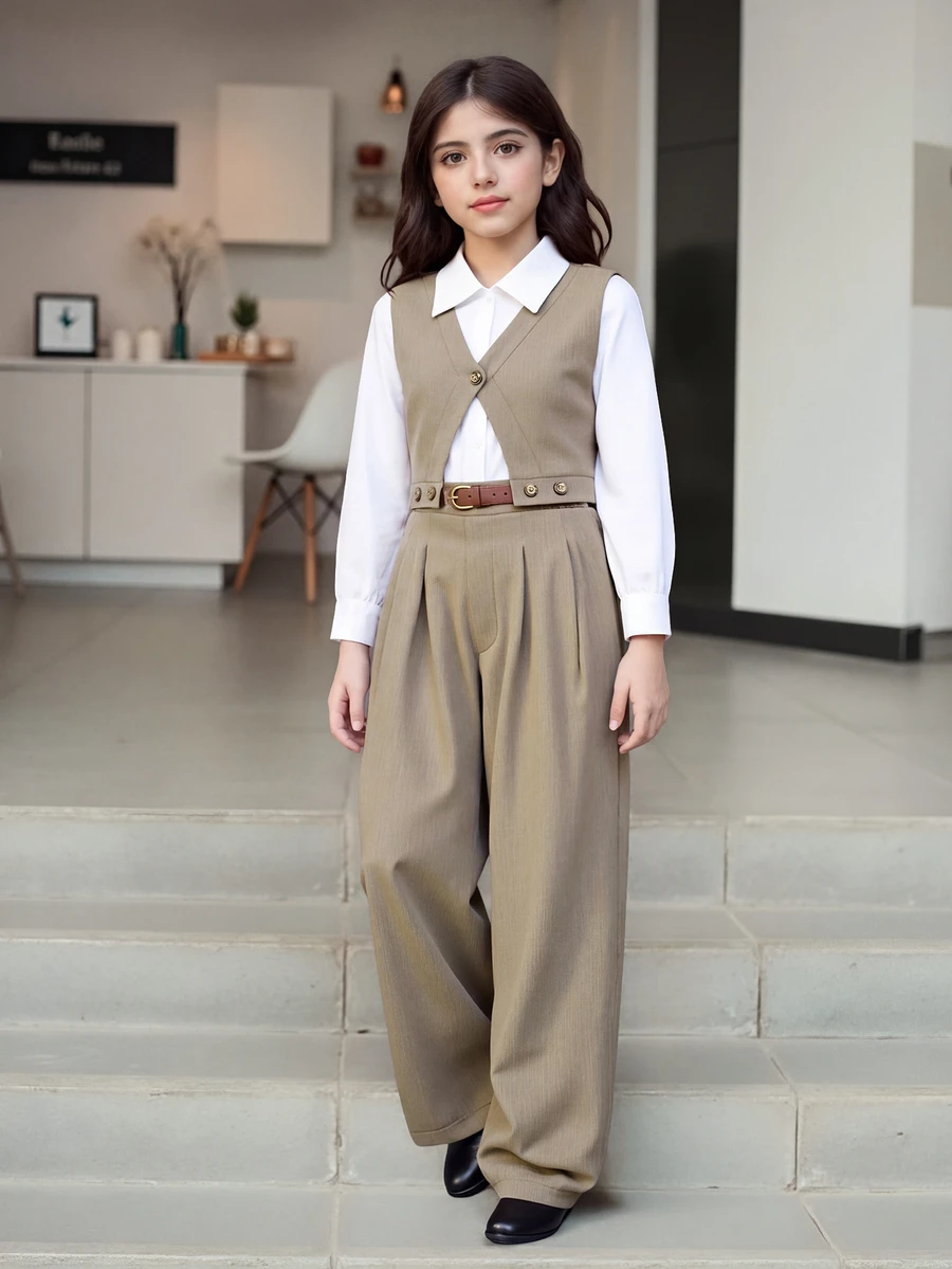 SHEIN Tween Girl Fall Outfits Fashion Western Cute Commuter 2 In 1 Long Sleeve Shirt Wide Leg Pants Set Matching Family White Camel School