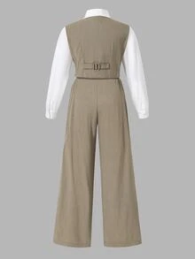 SHEIN Tween Girl Fall Outfits Fashion Western Cute Commuter 2 In 1 Long Sleeve Shirt Wide Leg Pants Set Matching Family White Camel School - Khaki - View 3