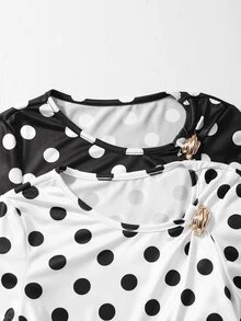 SHEIN Bộ 2 món áo thun trắng chấm bi cho bé gái tuổi teen, cổ bất đối xứng, khóa kim loại, eo nhún, gấu bất đối xứng, dáng ôm, phong cách thanh lịch dễ thương đi học và dự tiệc mùa hè - Đen và trắng - Xem 8