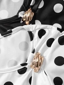 SHEIN Bộ 2 món áo thun trắng chấm bi cho bé gái tuổi teen, cổ bất đối xứng, khóa kim loại, eo nhún, gấu bất đối xứng, dáng ôm, phong cách thanh lịch dễ thương đi học và dự tiệc mùa hè - Đen và trắng - Xem 5