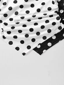SHEIN Bộ 2 món áo thun trắng chấm bi cho bé gái tuổi teen, cổ bất đối xứng, khóa kim loại, eo nhún, gấu bất đối xứng, dáng ôm, phong cách thanh lịch dễ thương đi học và dự tiệc mùa hè - Đen và trắng - Xem 10