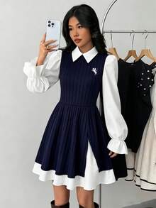 SHEIN Streecool Teen Girl Casual Cute Elegant College Solid Color Patchwork Long Sleeve Short Dress Graduation Prom Party Formal Navy Blue Fall - Blue - View 9