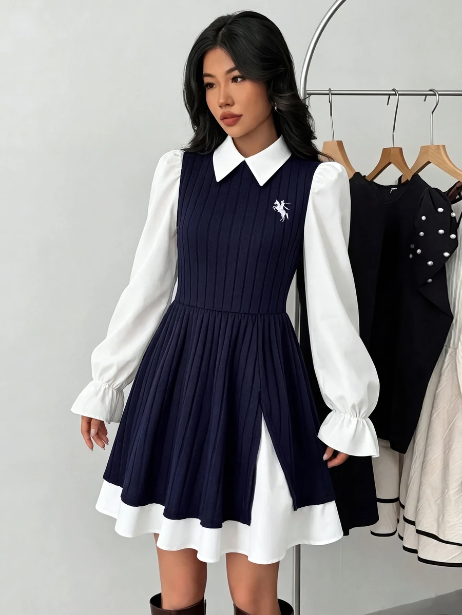 SHEIN Streecool Teen Girl Casual Cute Elegant College Solid Color Patchwork Long Sleeve Short Dress Graduation Prom Party Formal Navy Blue Fall - Blue - View 1