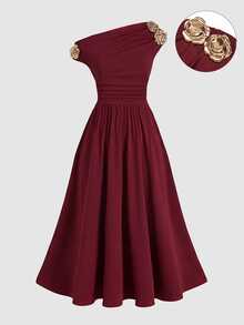 Firerie Kids Firerie Kids Tween Girl Burgundy Asymmetrical Shoulder Metallic 3D Floral Decor Elegant Dress - Burgundy - View 3