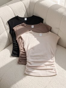 青少年女孩 3 件組圓領無袖 T 恤，米色夏季休閒沙灘修身一體式上衣，寬肩設計 - 杏色 - 查看 1