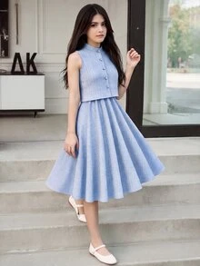 SHEIN 少女纯色纽扣前开襟无袖上衣和迷你裙优雅套装 - 淺藍色 - 查看 1