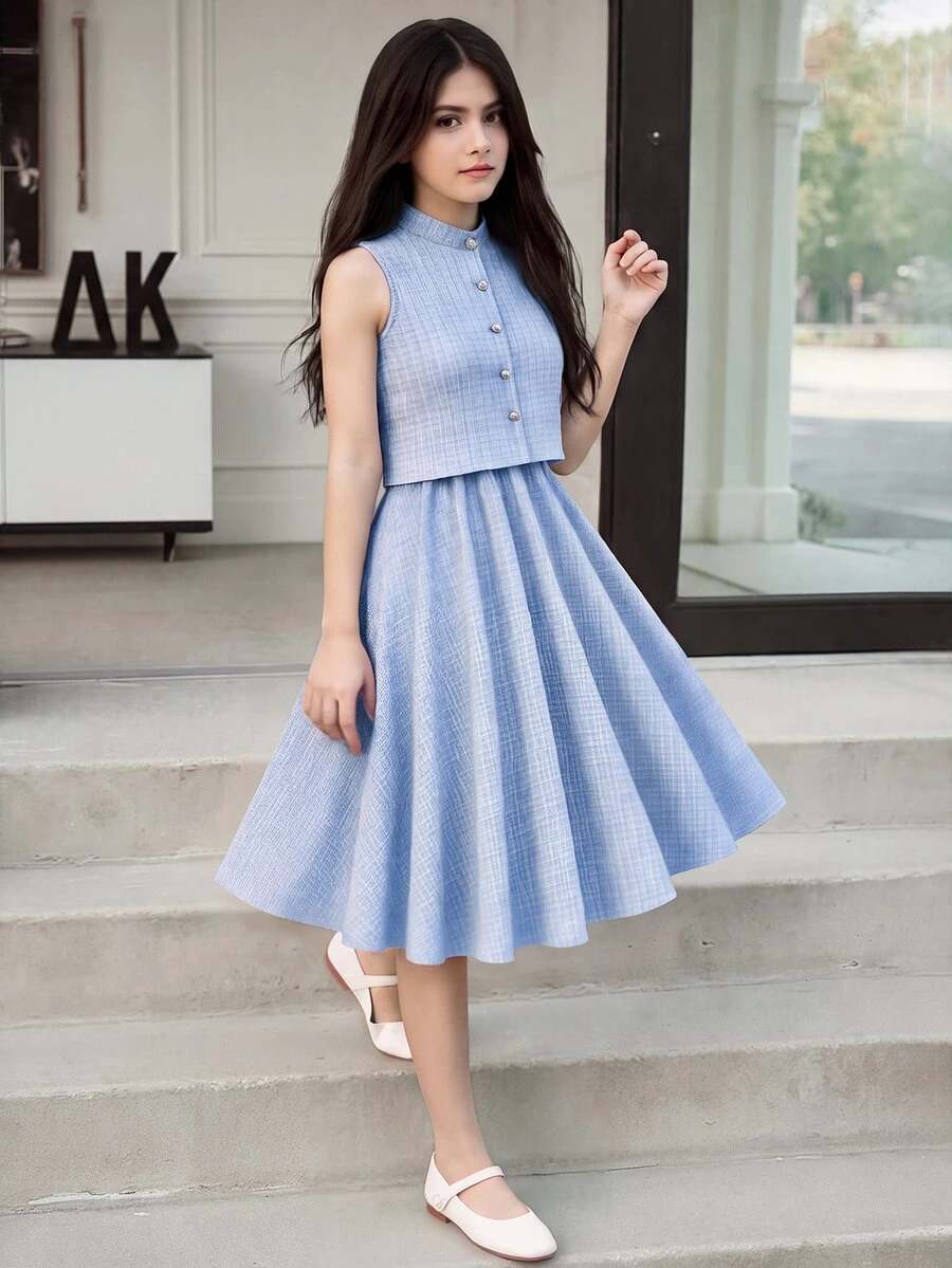 SHEIN 少女纯色纽扣前开襟无袖上衣和迷你裙优雅套装 - 淺藍色 - 查看 1