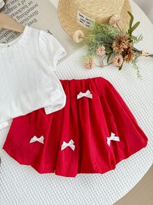 SHEIN LMoss Kids 2件套少女纯色荷叶边圆领T恤和郁金香下摆短裙 - 紅白色 - 查看 2