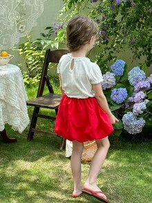 SHEIN LMoss Kids 2件套少女纯色荷叶边圆领T恤和郁金香下摆短裙 - 紅白色 - 查看 4