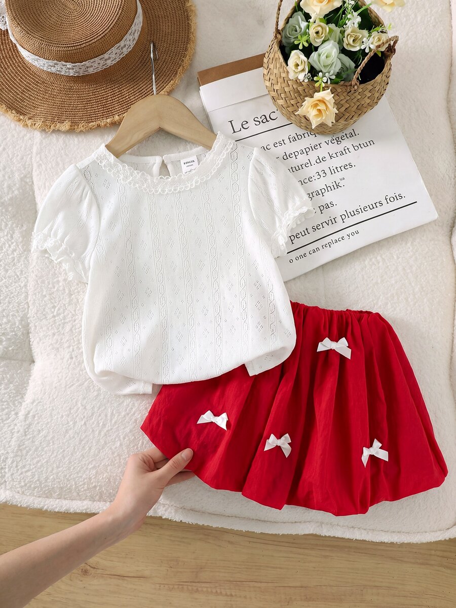 SHEIN LMoss Kids 2件套少女纯色荷叶边圆领T恤和郁金香下摆短裙 - 紅白色 - 查看 1