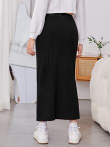 SHEIN Teen Girls Fall Clothes Fall Solid Black Ribbed Knit Side Slit Long Skirt High Waist Casual Straight Maxi Skirt - Black - View 3