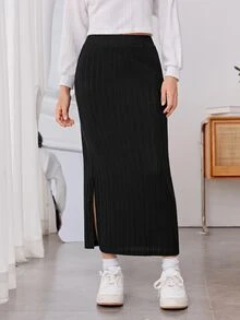SHEIN Teen Girls Fall Clothes Fall Solid Black Ribbed Knit Side Slit Long Skirt High Waist Casual Straight Maxi Skirt - Black - View 6