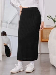 SHEIN Teen Girls Fall Clothes Fall Solid Black Ribbed Knit Side Slit Long Skirt High Waist Casual Straight Maxi Skirt - Black - View 8