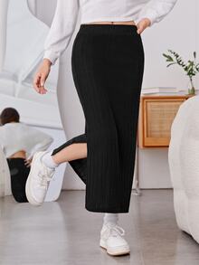 SHEIN Teen Girls Fall Clothes Fall Solid Black Ribbed Knit Side Slit Long Skirt High Waist Casual Straight Maxi Skirt - Black - View 4
