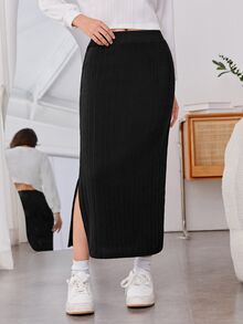 SHEIN Teen Girls Fall Clothes Fall Solid Black Ribbed Knit Side Slit Long Skirt High Waist Casual Straight Maxi Skirt - Black - View 7