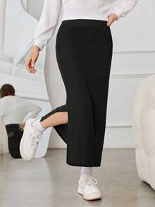 SHEIN Teen Girls Fall Clothes Fall Solid Black Ribbed Knit Side Slit Long Skirt High Waist Casual Straight Maxi Skirt - Black - View 2