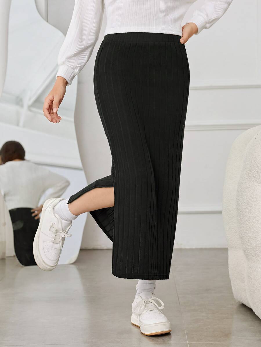 SHEIN Teen Girls Fall Clothes Fall Solid Black Ribbed Knit Side Slit Long Skirt High Waist Casual Straight Maxi Skirt