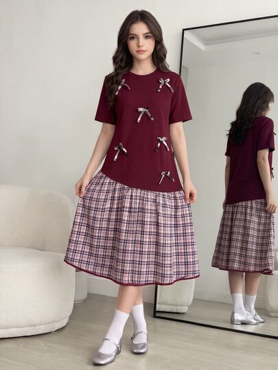 SHEIN Teen GirlSolid Color Gray Patchwork Mini Dress With Elegant Cute 3D Bow Decor, Graduation, Outfits Formal Prom Summer Party
