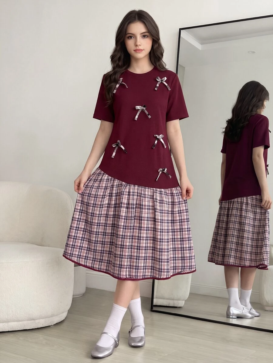 SHEIN 青少年女孩純色灰色拼接迷你洋裝，優雅可愛3D蝴蝶結裝飾，畢業季正式穿搭，適合畢業舞會與夏季派對