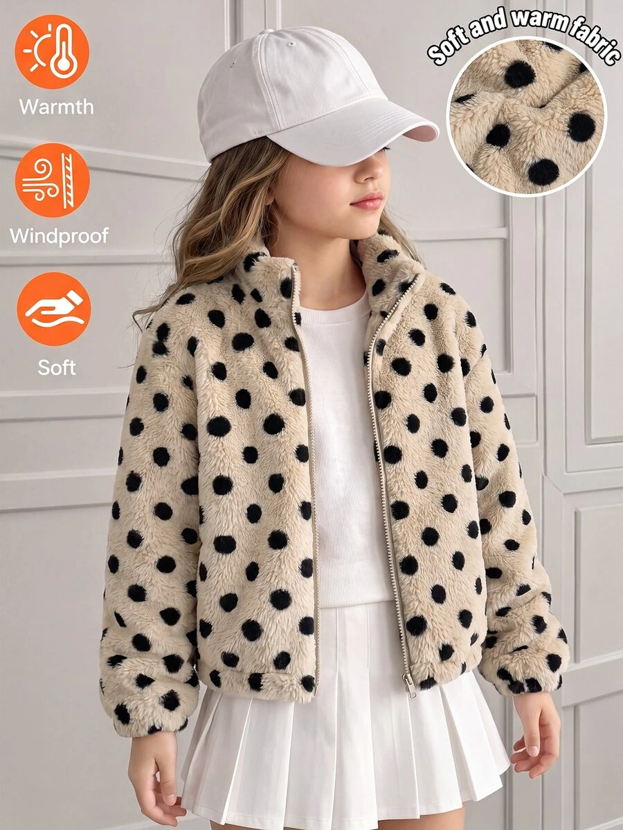 SHEIN Tween Girls Jacket, Coffee Color, Casual Fit, Warm For Autumn/Winter, Fashionable & Versatile, Autumn, Zipper, Autumn/Winter, Thermal, Solid Color, Printed, Cute Autumn/Winter, Thermal Lined & Thickened
