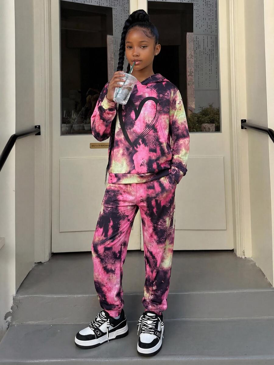 Girls Heart Print Tie Dye Hoodie & Sweatpants - Multicolor - View 1