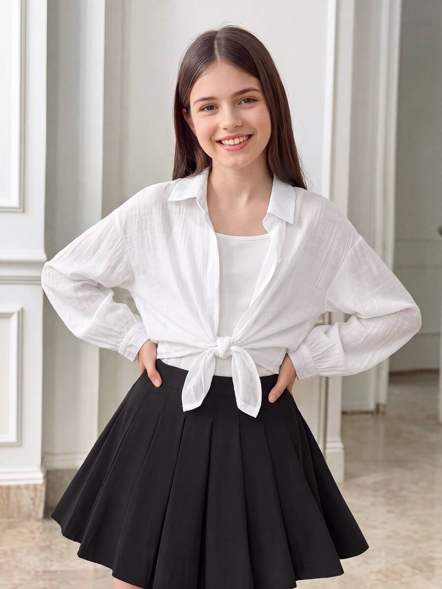 SHEIN 青少年女孩秋季上衣 白色領口落肩 3/4 袖襯衫 學院風可愛風格 適合學校、假期、度假、休閒秋季穿搭...海灘