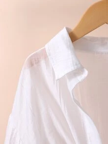 SHEIN Tween Girls Fall Tops White Collared Drop-Shoulder 3/4 Sleeve Shirt Preppy Cute Style For School Vacation Holiday Casual Autumn Outfit Com... Beach - White - View 10