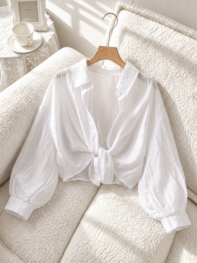 SHEIN Áo kiểu mùa thu cho bé gái tuổi teen màu trắng, cổ bẻ, vai trễ, tay lỡ 3/4, phong cách preppy dễ thương, mặc đi học, du lịch, lễ hội, thường ngày, phối đồ mùa thu, đi biển - trắng - Xem 1