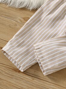 SHEIN Baby Boy Embroidery Detail Textured Knit Mock Neck Shirt & Vertical Striped Pants Set - Khaki - View 7