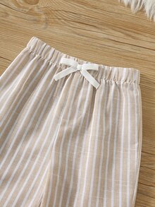 SHEIN Baby Boy Embroidery Detail Textured Knit Mock Neck Shirt & Vertical Striped Pants Set - Khaki - View 6