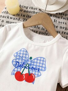 SHEIN LMoss Kids 2件組少女休閒簡約短袖上衣與短褲套裝，適合夏季OOTD，少女復古穿搭女童服飾套裝 - 彩色 - 查看 3