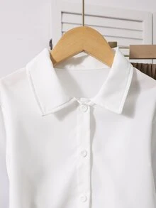 SHEIN 青少年女孩秋冬套裝 春/秋休閒西式可愛極簡深V領無袖外套，長袖白色襯衫 校園棕色家庭風 - 卡其色 - 查看 9