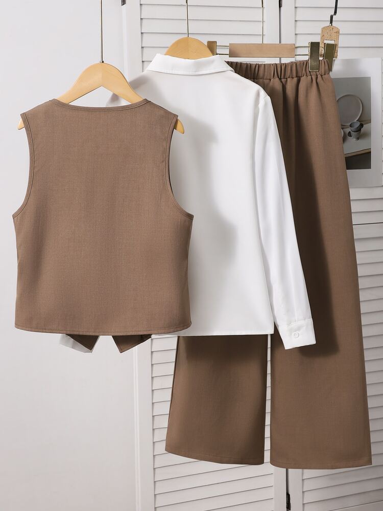 SHEIN Tween Girls Fall Outfits Spring/Autumn Casual Western Cute Minimalist Deep V-Neck Sleeveless Jacket, Long Sleeve White Shirt School Brown Family - Khaki - View 2