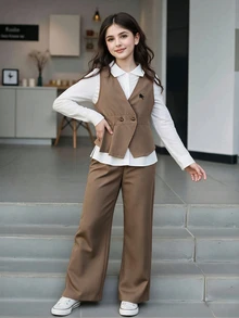 SHEIN 青少年女孩秋冬套裝 春/秋休閒西式可愛極簡深V領無袖外套，長袖白色襯衫 校園棕色家庭風 - 卡其色 - 查看 5