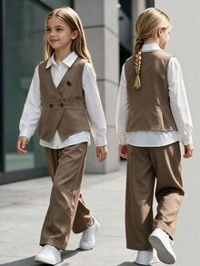 SHEIN 青少年女孩秋冬套裝 春/秋休閒西式可愛極簡深V領無袖外套，長袖白色襯衫 校園棕色家庭風 - 卡其色 - 查看 6