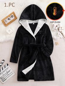 SHEIN 秋冬女款居家服，白色愛心刺繡，經典黑色加厚抓絨長袖連帽睡袍，節日居家親子款 - 黑色 - 查看 5
