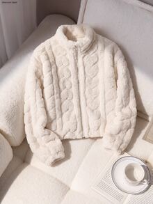 SHEIN Tween Girl Heart Fuzzy Cute Comfortable Zip-Up Long Sleeve Jacket, Suitable For Outings Autumn Winter School Club Off-White Cool Girl - White - View 3