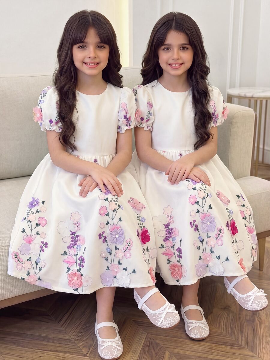 SHEIN Girls Fall Wedding Baby Shower Ceremony 3D Butterfly Birthday Party Flower Performance Puffy Sleeve Princess Dress White