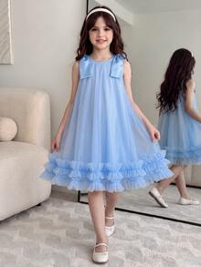 Elegant Cute Fashion Ruffled Pearl Decor Mesh Girls Dress Wedding Bridesmaid Party Birthday Flowergirl Light Blue Summer - Blue - View 2
